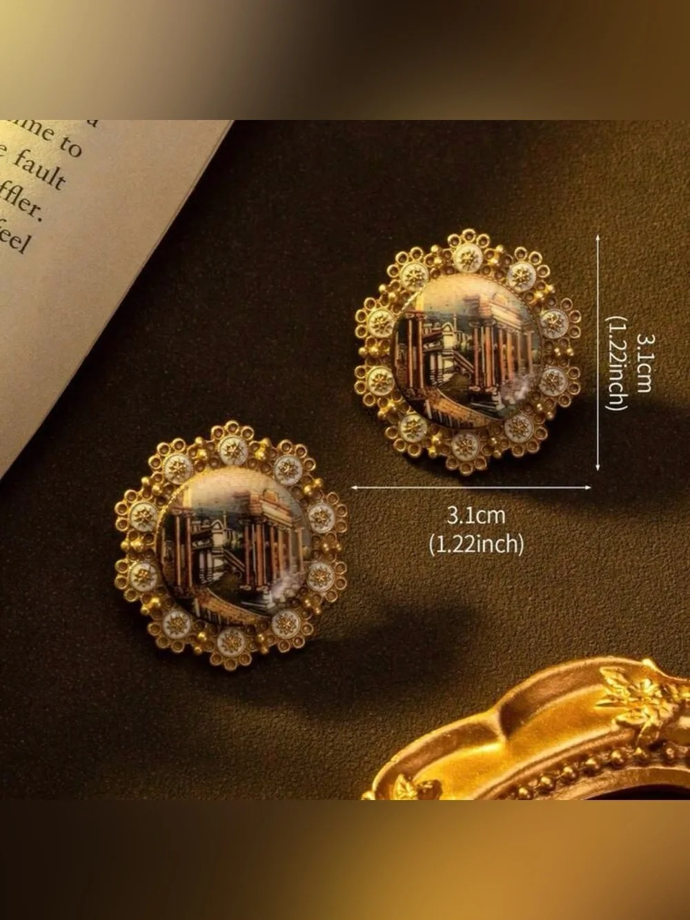 Vintage Gold Scenic Porcelain Floral Frame Stud Earrings